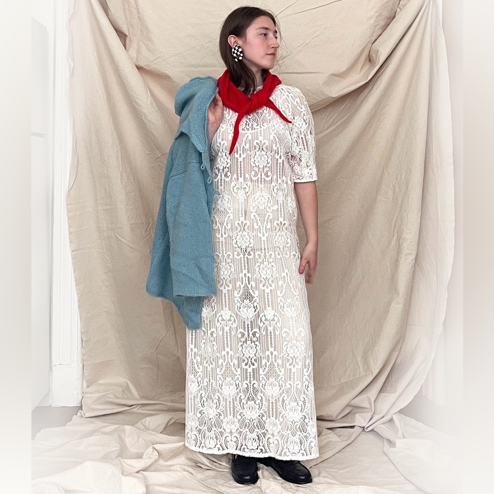 Mr. Larkin Ivory Floral Lace Maxi Dress | Sheer Puff Sleeve Midi